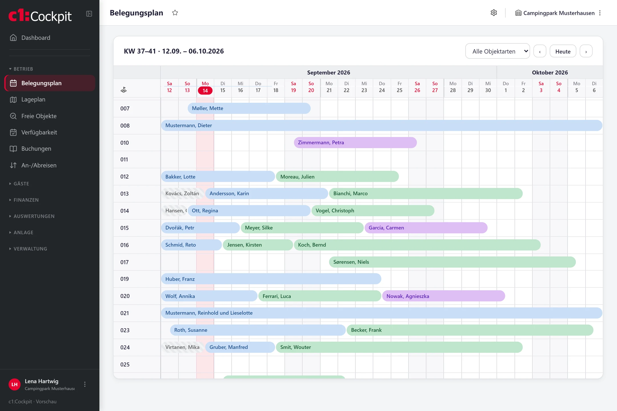 Das c1:Cockpit im Browser mit dem Belegungsplan
