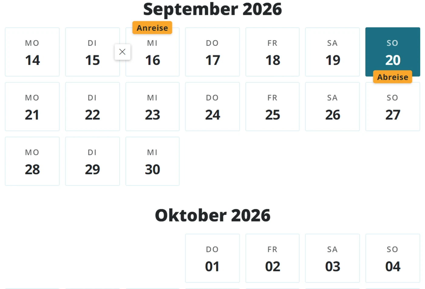 Kalender im Buchungsportal: An- und Abreise sind markiert, freie Tage lassen sich anklicken
